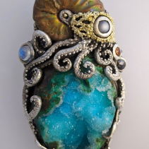 Ammonite and Drusy Chrysocolla, SS/14kt Gold Pendant