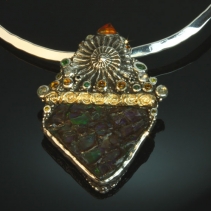 Sp369, Large Ammolite, Sterling Silver and 14kt Gold Pendant