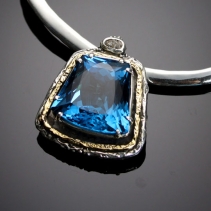 Large Blue Topaz, SS/14kt Pendant with Diamond Crystal