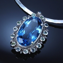 Large Blue Topaz SS Pendant with Tourmalines