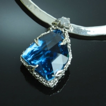 Large Fancy Cut Blue Topaz and Diamond Crystal, Sterling Silver Pendant