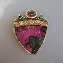Drusy Cobalt Calcite, Sterling Silver and 14kt Gold Pendant with Tsavorite Garnets and Rubellite Tourmaline