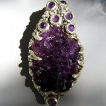 Amethyst Crystal Cluster, Sterling Silver Pendant with Amethyst Cabochons