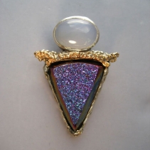 Lavender Chalcedony, Drusy Agate, Sterling Silver and 14kt Gold Pendant
