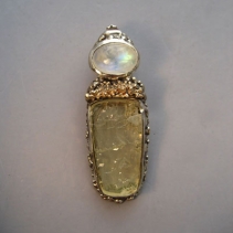 Natural Surface Heliodor, Rainbow Moonstone, Sterling Silver and 14kt Gold Pendant