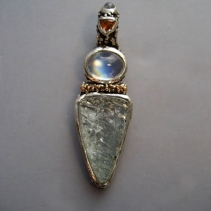 Natural Surface Aquamarine, Rainbow Moonstone, Sterling Silver and 14kt Gold Pendant