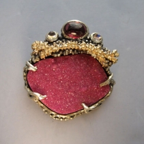 Drusy Cobalt Calcite, Sterling Silver and 14kt Gold Pendant with Rubellite Tourmaline and Rainbow Moonstones