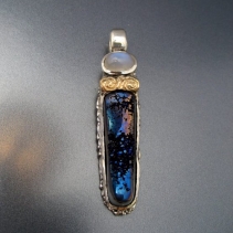 Drusy Agate, Rainbow Moonstone, Sterling Silver and 14kt Gold Pendant