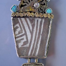 Pre-Pueblo Pottery Shard, Ammonite Fossil, Sterling Silver and 14kt Gold Pendant with Turquoise, Opals, Moonstone and Rainbow Hematite