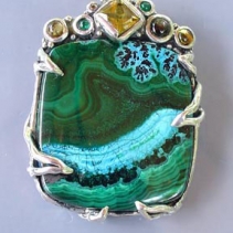 Malachite Sterling Silver Pendant with Citrines, Emeralds