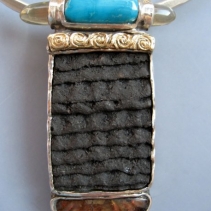 Pre-Pueblo Corrugated Pottery Shard Pendant with Turquoise, Ammolite and Citrines in Sterling Silver and 14kt Gold