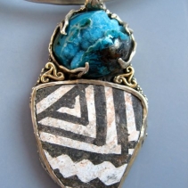 Pre-Pueblo Pottery Shard, Drusy Chrysocolla, Sterling Silver and 14kt Gold Pendant