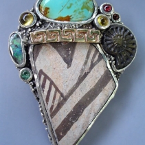 Pre-Pueblo Pottery Shard, Turquoise, Sterling Silver and 14kt Gold Pendant with Ammonite Fossil, Opal and Citrines