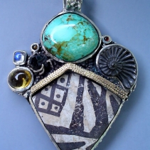 Pre-Pueblo Pottery Shard, Sterling Silver and 14kt Gold Pendant with Turquoise, Amonite Fossil, Rainbow Moonstones, Citrines