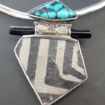 Pre-Pueblo Pottery Shard, Turquoise, Sterling Silver and 14kt Gold Pendant with Black Coral