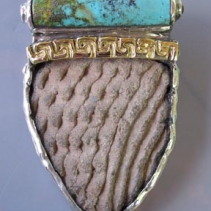 Pre-Pueblo Corrugated Pottery Shard, Turquoise, Sterling Silver and 14kt Gold Pendant with Citrines