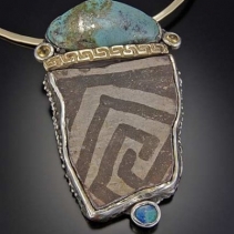 Pre-Pueblo Pottery Shard, Turquoise, Sterling Silver and 14kt Gold Pendant with Opal and Citrines