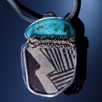 Turquoise and Pre-pueblo Pottery Shard, SS/14kt Pendant