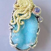 Drusy Chrysocolla, Sterling Silver and 14kt Gold Pendant with Rainbow Moonstones