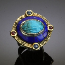Ancient Blue Faience Eye of Horus in Sterling Silver/14kt Gold Ring