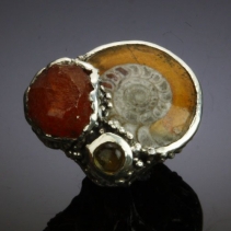 Ammonite and Spessartite Garnet Crystal Sterling Silver Ring