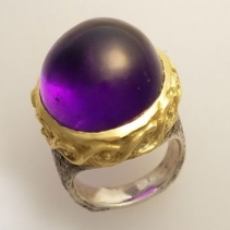Fine Amethyst Cabochon, SS/14kt Gold Ring