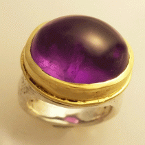 Amethyst Cabochon Sterling Silver and 14kt Gold Ring