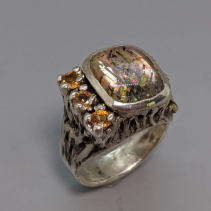 Rainbow Lattice Feldspar Sterling Silver Ring with 14kt Gold