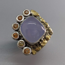 Lavender Chalcedony Sterling Silver Ring with Spessartite Garnets and Gold Nuggets