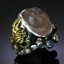 Carved Rose Quartz Sterling Silver/14kt Gold Ring