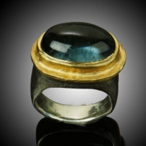 Blue Green Tourmaline, Sterling Silver and 14kt Gold Ring