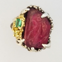 Rough Surface Rubellite Tourmaline SS/14kt Gold Ring
