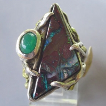 Boulder Opal, Sterling Silver Ring with Emerald Cabochon