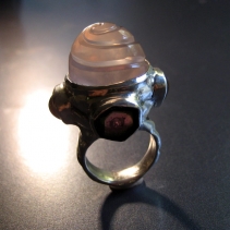 Swirl Cut, High Dome, Rose Quartz, Sterling Silver Ring with Watermelon Tourmalines and Citrines