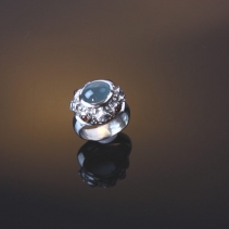 Cat's Eye Aquamarine, Platinum Silver Ring with Sapphires and Citrines