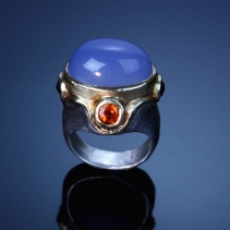 Laveder Chalcedony, Sterling Silver and 14kt Gold Ring with Rose Cut Black Diamonds and Spessartite Garnets