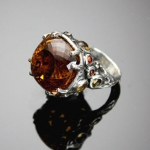 Fine, Checkerboard Cut Dark Citrine, Sterling Silver Ring with Citrine Cabochons