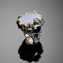Drusy Lavender Chalcedony, SS Ring with Gemstones