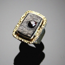 Garnet Crystal in Matrix, Sterling Silver and 14kt Gold Ring