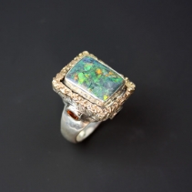 Sugared Andamooka Opal, Sterling Silver and 14kt Gold Ring with Citrines and Rose Cut Black Diamonds