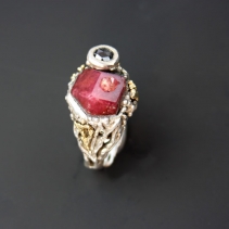 Garnet Crystal, Rose Cut Black Diamond, SS/14kt Ring