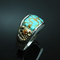 Spiderweb Turquoise, Sterling Silver and 14kt Gold Ring