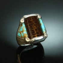 Petrified Palmwood, Turquoise, Diamond, Sterling Silver Ring