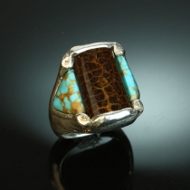Petrified Palmwood and Spiderweb Turquoise in Sterling Silver Ring