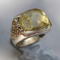 Natural Surface Heliodor, Sterling Silver and 14kt Gold Ring with Black Diamonds