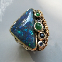 Sugared Andamooka Opal, Sterling Silver and 14kt Gold Ring with Emeralds and Sapphires
