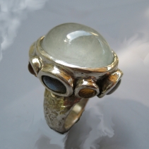 Aquamarine Cabochon, Sterling Silver Ring with Spectrolites and Citrines