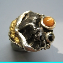 Sikhote Alin Meteorite, Sterling Silver Ring with Sunstone, Black Star Sapphire and Gold Nuggets