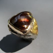 Fire Agate, Sterling Silver and 14kt Gold Ring with Gold Nuggets