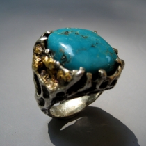 Turquoise, SS Ring with Gold Nuggets